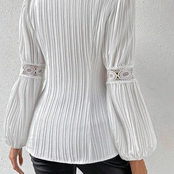 White Lace Button Up Lantern Sleeve Long Blouse - Picture 3 of 4